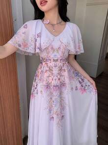 Modelyn 女士V领披肩式设计收腰喇叭形印花雪纺连衣裙 - 紫色 - 查看 7