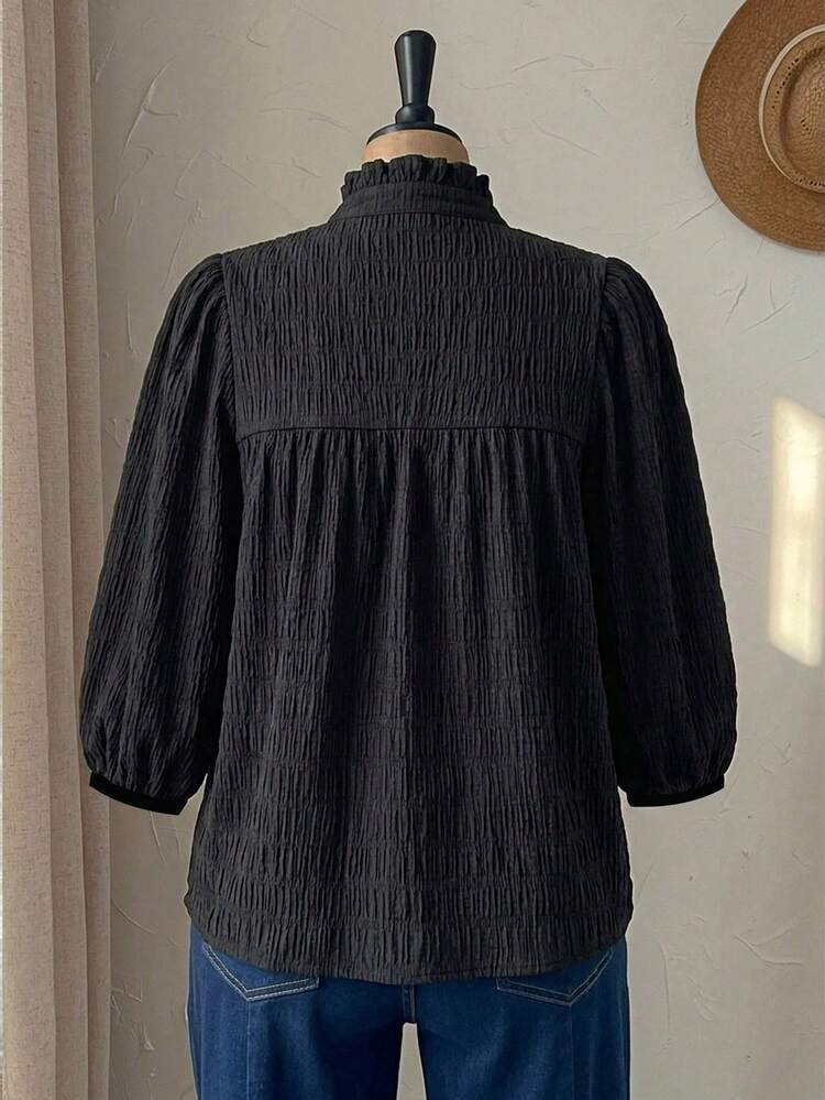 Rusticease Blusa suelta negra de talla grande para mujer, con estampado, mangas de farol, unicolor, textura cómoda, adecuada para verano y primavera - Negro - Añade 2