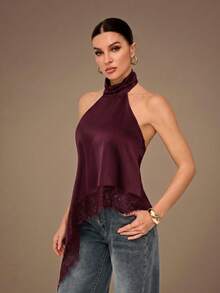 SHEIN Tall Top de camisola sin espalda con adorno de encaje elegante, blusa sin mangas de satén con parches sexy para fiestas, cócteles, ocasiones formales, Navidad, casual de negocios - Burdeos - Ver 5