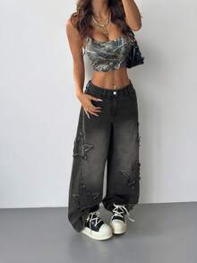 Coolane Quần jeans ống rộng dáng suông, thời trang đường phố phong cách Y2K dành cho nữ cỡ lớn, kiểu dáng thường ngày, cá tính, có tua rua, họa tiết ngôi sao, thích hợp cho việc đi làm. - màu đen - Xem 6