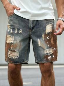 Manfinity LEGND Quần short denim rách, vẽ họa tiết, unisex - Màu xanh lam - Xem 5