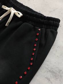 ROMWE MEN Street Life Men's Street Style Rhinestone Decor Drawstring Waist Loose Shorts - Black - View 4