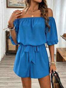 Breezaya Hawaiian Style Ruffled Off-Shoulder Romper - Blue - View 5