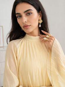 Solavon Vestido feminino estilo árabe, cor sólida, gola falsa, plissado, manga flare - Amarelo - Ver 7