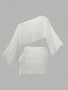 两件套女士白色宽松度假风罩衫及裹身裙，纯白色精致镂空半透明网纱面料，露肩露腰设计，修饰腰部和手臂线条，搭配侧系带裹身裙，简约度假风沙滩罩衫。 - 白色 - 查看 9
