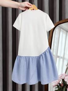 1pc Tween Girls' Summer Casual Striped Patchwork 3D Floral Decor Dress - Multicolor - View 3