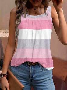 EMERY ROSE Blusa informal de mujer talla grande con estampado gráfico de bloques de color, camiseta de rayas tipo chaleco - Multicolor - Ver 3