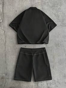 AXEPEAK Set Kemeja Pria Modis dan Serbaguna dengan Bordir Huruf, Model Kancing Tunggal, dan Celana Pendek Kasual dengan Saku - Hitam - View 3