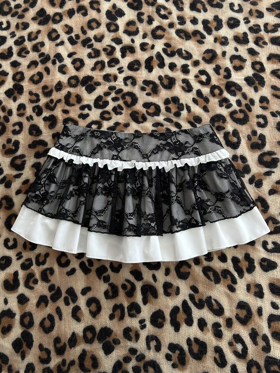 Elamini Women's Lace Patchwork Cake Skirt - Black and White - View 1