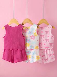 SHEIN 6件組女嬰幼童0-3歲粉色夏季可愛親子套裝 柔軟波浪針織無袖上衣T恤與短褲套裝 度假穿搭 - 彩色 - 查看 1