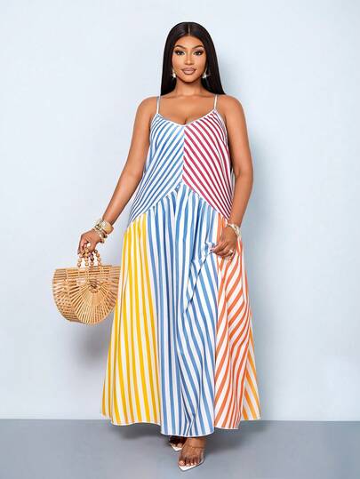 SOLERSUN Plus Size Women's Spring And Summer Fashion Elegant Casual Vacation Long Dress Sleeveless Suspender V-Neck A-Line Skirt With Torn Seams And Colorful Striped Contrasting Splicing, Suitable For Daily Dressing, Shopping, Dating, Music Festivals, Mother's Day, Back To School Season, Teacher's Day, Summer Vacation Dressing