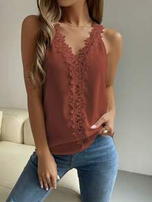 EMERY ROSE Women's Elegant V-Neck Sleeveless Top With Decorative Applique - Redwood - View 5
