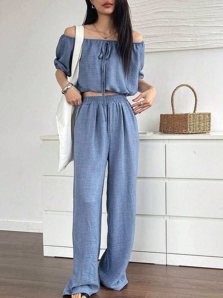 Women's Solid Color Front Tie Off-Shoulder Shirt And Pants Casual 2-Piece Set Petite