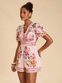 Travachic Women's Summer Tropical Print Vacation Romper With Puff Sleeves - Pink - View 7