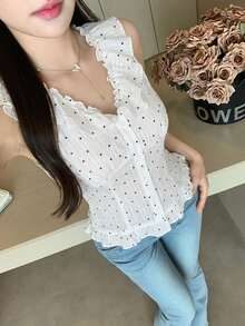 DAZY 春夏波點蕾絲女款上衣 時尚派對雞尾酒洋裝 優雅無袖荷葉邊背心 短袖可愛上衣 - 白色 - 查看 5