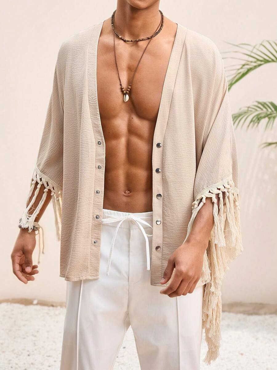HIMLAND Áo khoác cardigan tay 3/4 cổ chữ V dệt tua rua thường ngày cho nam, mặc đi biển, lễ hội, mặc đi nghỉ dưỡng - Màu be - Xem 1