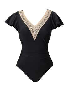 EMERY ROSE Women's Elegant Vacation Beach Outfit, V-Neck Ribbon Decor Ruffle Sleeve, Waist Shirred Slim Fit One-Piece Swimsuit, Summer - Black - View 6