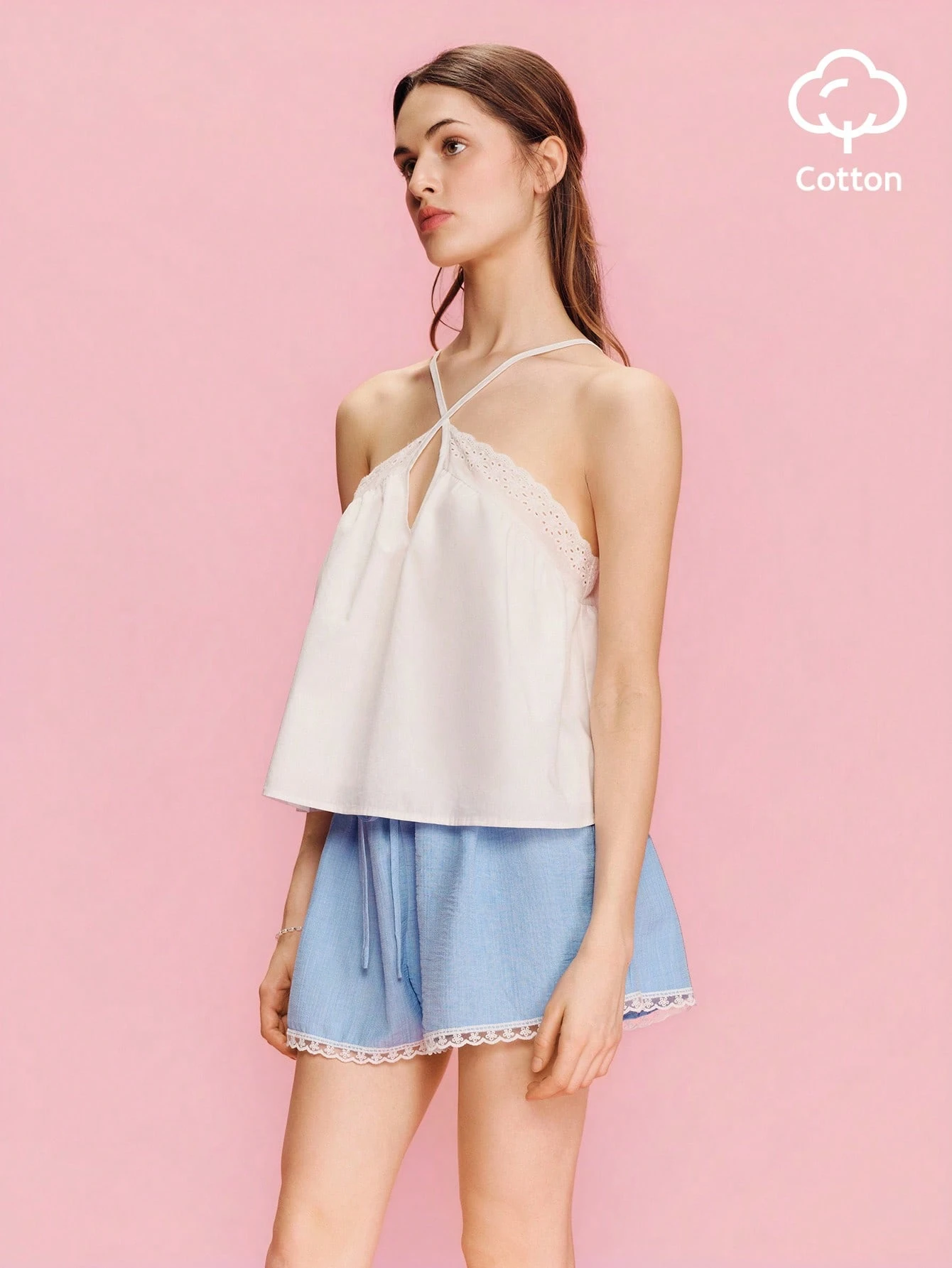 White Broidery Anglaise Summer Loose Fit Halter Neck Cami Top Boho Spring Summer French Style White Cotton Top Casual Holiday Top