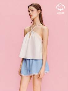lacRébo Áo hai dây cổ yếm dáng rộng mùa hè thêu ren trắng kiểu Pháp, phong cách Boho, áo cotton trắng casual cho kỳ nghỉ. - trắng - Xem 4