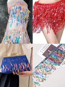 1PC New Sparkly Sequin Mesh Tassel Fringes DIY Stage Performance Costume Curtain Decorative Fabric, In Stock, Length: 30ft, Width: 6in - multicolor - View 2