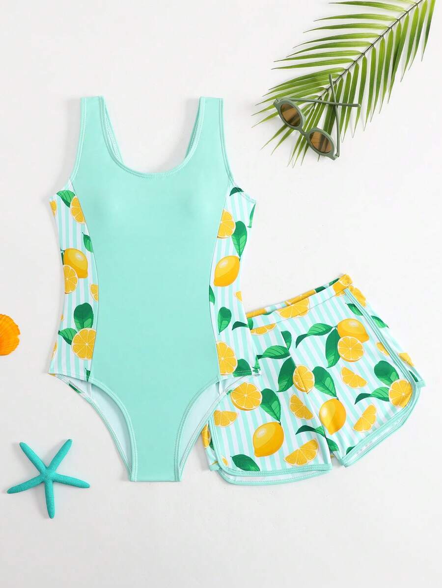 SHEIN Tween Girl Lemon Print One-Piece Swimsuit With Shorts Set - Mint Green - View 1