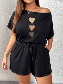 Shapeblank Plus Size Women Black Asymmetrical Shoulder Drawstring Waist Jumpsuit Home Summer Casual - Multicolor - View 4