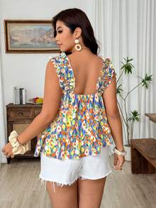 SHEIN LUNE Plus Size Summer Fashion Casual Vacation Floral Ruffle Trim Camisole - Multicolor - View 2