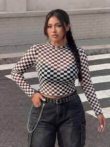 Muchica Áo crop top họa tiết caro Plus không có áo hai dây, mùa hè - Đen và trắng - Xem 3