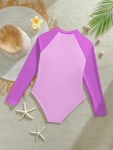 SHEIN Traje de baño de una pieza con estampado de retrato de bloques de color y cremallera frontal para niñas preadolescentes, ideal para vacaciones de verano en la playa - Multicolor - Ver 2