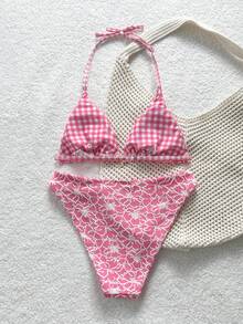 SHEIN 少女夏季新款提花露背系带比基尼套装，玫瑰红，适合海滩和度假 - 玫紅色 - 查看 2