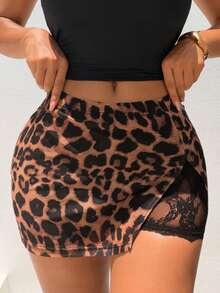 SHEIN SXY Women's Contrast Lace Leopard Print Split Seksi Sexy Chic Skorts Summer Party Night Brown Striped Cheetah Club Rave Night Out Elegant Casual Outfits - Multicolor - View 6