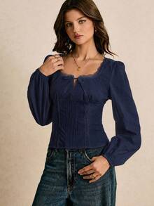 Poéselle Women's Elegant Solid Color Contrast Lace Twist Collar Lantern Sleeve Blouse - Navy Blue - View 6