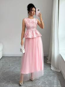 SHEIN Elenzya Bộ đồ 2 món dành cho nữ, màu hồng jacquard, không tay, cổ tròn, eo có dây rút, viền bèo nhún + quần ống rộng cạp cao bằng vải lưới dáng chữ A, thiết kế thanh lịch, sang trọng, phù hợp cho công sở. - Hồng - Xem 4