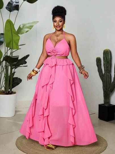 Maweii Plus Size Women Elegant Patchwork Ruffle Halter Floral Contrast Color Maxi Chiffon Dress For Vacation