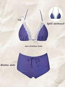 Swim Mod Bộ bikini tam giác khoét eo, họa tiết chấm bi, ren thắt nơ phía trước, dành cho nữ, thích hợp cho lễ hội âm nhạc bãi biển mùa xuân/hè. - Nhiều màu - Xem 7