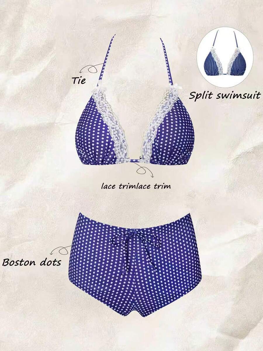 Swim Mod Conjunto de bikini de triángulo con corte, lazo frontal y estampado de lunares para mujer, ideal para playa y festivales de música en primavera/verano - Multicolor - Ver 1