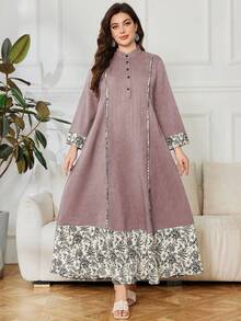 Lacomfia Casual Print Patchwork Long Sleeve Loose Regular Spring/Autumn Plus Size Dress - Mauve Purple - View 4