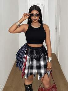 Maweii Punk Style Plaid Contrast Lace Mini Skirt, Elastic Waist Asymmetric Hem Sweet & Cool Girl Versatile A-Line Skirt - Multicolor - View 9