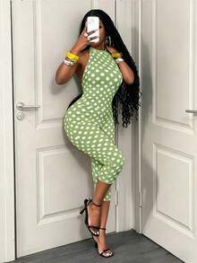 BamGleam Bộ jumpsuit nữ thời trang thường ngày, ôm sát, chất liệu lụa sữa co giãn, họa tiết chấm bi màu sắc tươi sáng, kiểu dáng buộc dây cổ, hở lưng, không tay, quần lửng. - màu xanh lá - Xem 4