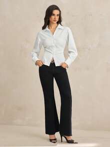 SHEIN Tall Camisa casual de mujer de unicolor de manga larga y abotonadura sencilla - Blanco - Ver 6