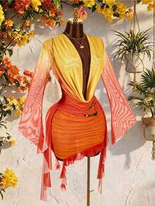 Amplova Vestido mini de mujer de manga larga, ajustado, con diseño de volantes y cuello halter, de malla verde, adecuado para ocasiones de fiesta en otoño/invierno, Año Nuevo, Navidad, Halloween, Día de San Valentín - Naranja - Ver 6