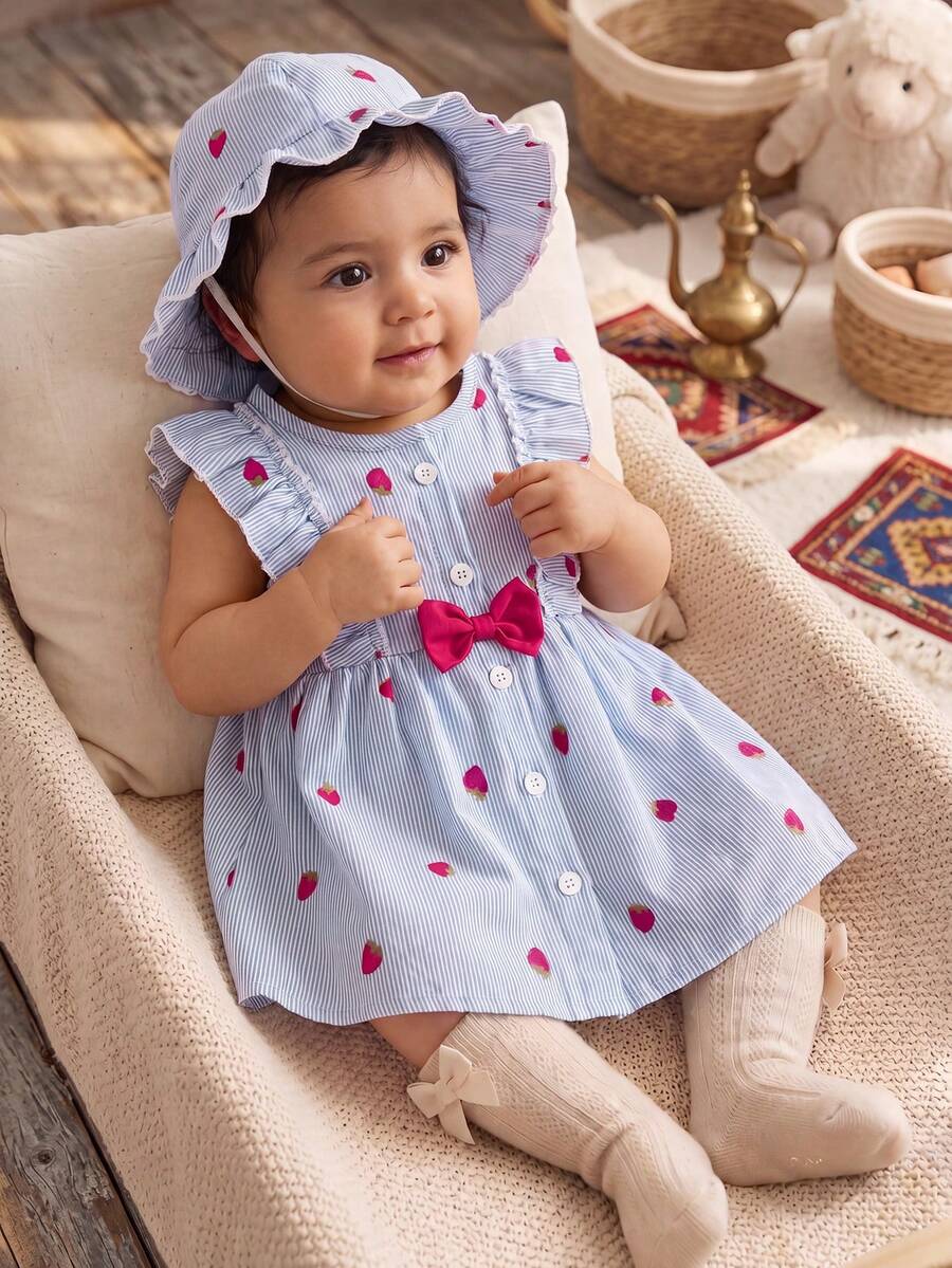 SHEIN Vintaside Kids Summer Newborn Baby Girl Apricot Round Neck Ruffle Cartoon Cherry Print Sleeveless Red Bow Dress With Red Hat Elegant And Cute