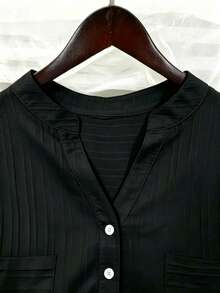 EMERY ROSE Embroidered Collar White Striped Blouse, Loose Casual 3/4 Sleeve Textured Women Top - Black - View 5