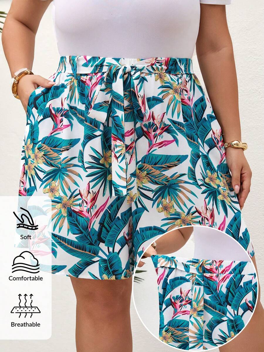 SHEIN CURVE+ Pantalones cortos holgados con estampado de plantas tropicales y bolsillos para mujeres de talla grande, adecuados para vacaciones de verano y primavera - Multicolor - Ver 1