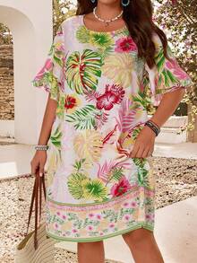 EMERY ROSE Plus Size Women's White Summer Boho Beach Holiday Floral Print Ruffle Sleeve Pullover Kaftan Dress,Vacation Cruise Tropical Daily Casual Outfits - Multicolor - View 1