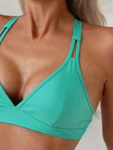 SHEIN Swim Women's Solid Color Criss-Cross Back Strap Minimalist Casual Bikini Top - Dark Green - View 5