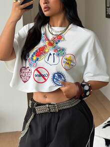 Coolane 女士加大码春夏街头风日常穿搭复古Y2K外出嘻哈休闲加大码露脐嘴唇图案T恤 - 白色 - 查看 4