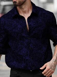 Manfinity Roughcore Plus Size Men's Casual Cashew Print Button-Down Long Sleeve Shirt - Navy Blue - View 4