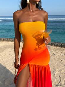 Opulessa Vestido con abertura de estampado degradado de malla de punto para mujer, ideal para vacaciones de primavera/verano - Rojo - Ver 5