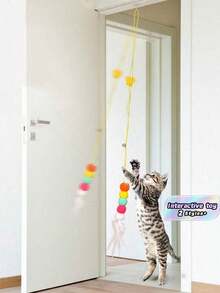 Interactive Cat Wand Toy With Elastic String, Indoor Pet Feather Teaser For Kitten Play, Essential Cat Supplies Gift - Multicolor - View 2